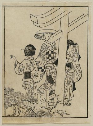 西川祐信: Visiting the shrine. From Ehon Masu-kagami, Vol III, left half of 11th double p. - ボストン美術館