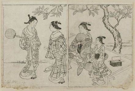 Nishikawa Sukenobu: Courtesans under an oak tree. From Ehon Tokiwagusa, Vol. 3, double p. illus. No. 6. - Museum of Fine Arts