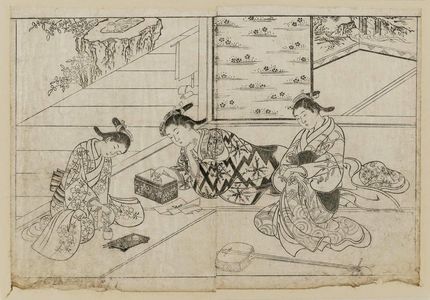 Nishikawa Sukenobu: Courtesans amusing themselves with incense. From Ehon Tokiwagusa, Vol 3, double p. illus. No. 11. - Museum of Fine Arts