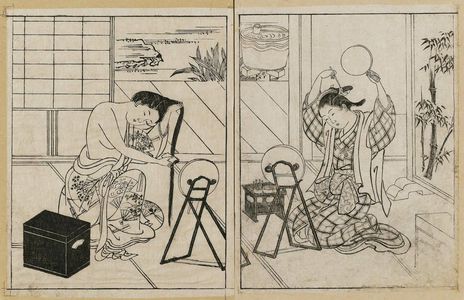 西川祐信: Two courtesans: (L) one washing hair: (R) another arranging hair. Ink. (L) late: (R) early impression. From Ehon Tokiwagusa, Vol 3, double p. illus. No. 9. - ボストン美術館