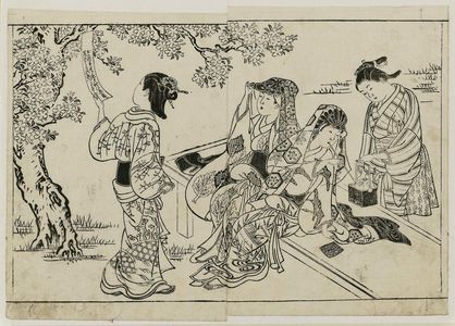 Nishikawa Sukenobu: Ladies at a tea stall under cherry blossoms. From Ehon Tokiwagusa, vol. 2, double page illus. No. 4 - Museum of Fine Arts