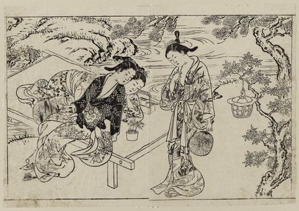 Nishikawa Sukenobu: Three women watching sparklers on a bench. From Ehon Tokiwagusa, vol. 2, double page illus. No. 10 - Museum of Fine Arts