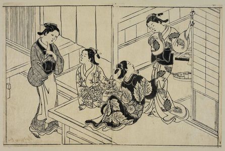 Nishikawa Sukenobu: Three courtesans and a yarite (manageress). From Ehon Tokiwagusa, vol. 3, double page illus. No. 5 - Museum of Fine Arts