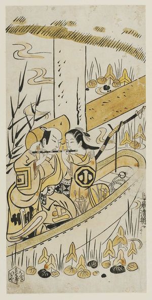 Torii Kiyotomo: Actors Ichikawa Danjuro II and Arashi Koroku as Lovers Playing a Flute Together in a Boat - Museum of Fine Arts