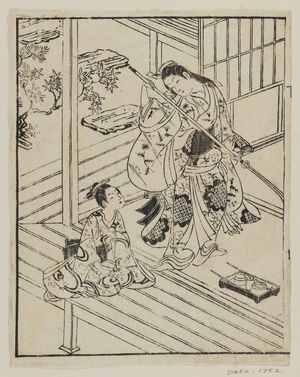 Ishikawa Toyonobu: A girl with a halberd and a child. From: Ehon Kotowagusa, vol. 3, sheet 19, reverse. - Museum of Fine Arts