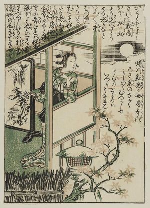 Unknown: The wife of Ninagawa Chikamasa stands by a tsuitate and looks out over a garden by moonlight. - Museum of Fine Arts