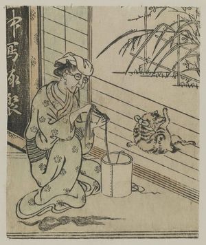 Suzuki Harunobu, 鈴木春信 (Suzuki Harunobu)による浮世絵「Old women twisting threads; cat on veranda」