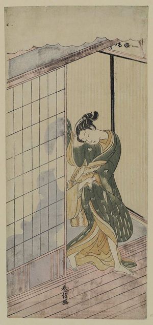 Suzuki Harunobu: Man behind a Sliding Door Pulling at a Woman Leaving the Room - Museum of Fine Arts