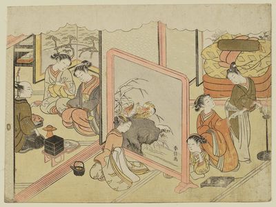 Suzuki Harunobu: The Cup of Sake before Bed (Toko-sakazuki), sheet 6 of the series Marriage in Brocade Prints, the Carriage of the Virtuous Woman (Konrei nishiki misao-guruma), known as the Marriage series - Museum of Fine Arts