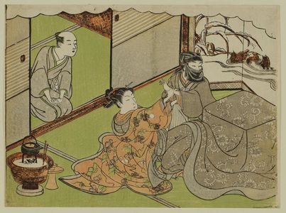 Suzuki Harunobu: Woman Holding Wrist of Man with a Hood over His Head and Face - Museum of Fine Arts