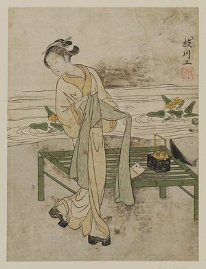Suzuki Harunobu: Young Woman Tying Her Obi beside a Bamboo Bench - Museum of Fine Arts