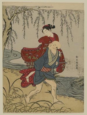 Suzuki Harunobu: Servant Carrying a Young Woman on His Back; Parody of the Akuta River Episode ofTales of Ise - Museum of Fine Arts
