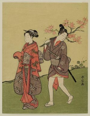 Suzuki Harunobu: Young Woman and Man with Maple Leaves - Museum of Fine Arts