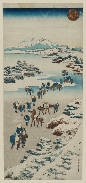 葛飾北斎: Crossing the Ice on Lake Suwa in Shinano Province (Shinshû Suwa kosui kôri watari) - ボストン美術館