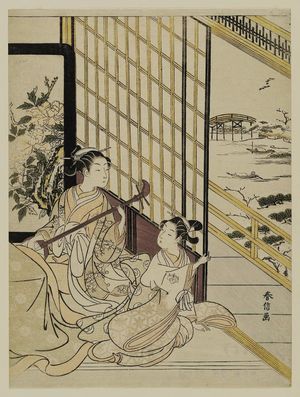 Suzuki Harunobu: Courtesan Playing Shamisen, Looking out at Snowy Landscape - Museum of Fine Arts