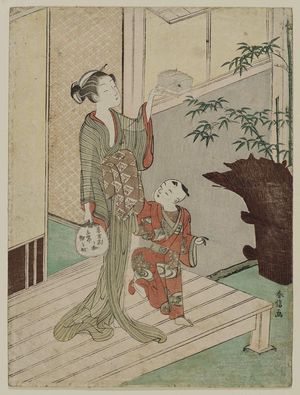 Suzuki Harunobu: Woman Holding Insect Cage, and Small Boy - Museum of Fine Arts