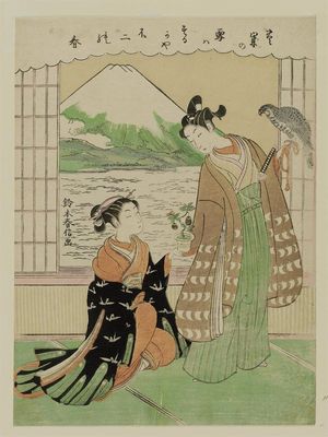 Suzuki Harunobu: Young Couple with Lucky New Year Dream Symbols: Mount Fuji, Falcon, and Eggplant - Museum of Fine Arts