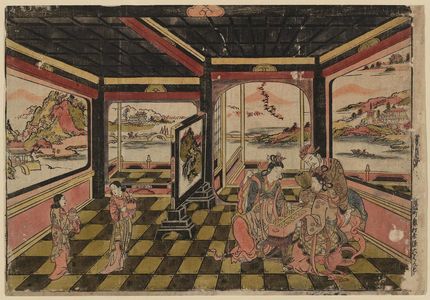 奥村政信: Chinese Figures in a Pavilion Playing Sugoroku - ボストン美術館