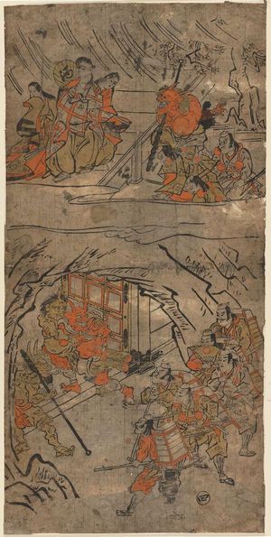 Torii Kiyomasu I: Yorimitsu and His Retainers at the Entrance to Shutendôji's Cave (below) and Yorimitsu Paying His Respects to Shutendôji (above), No. 4 from an untitled series of the adventures of Yorimitsu - Museum of Fine Arts