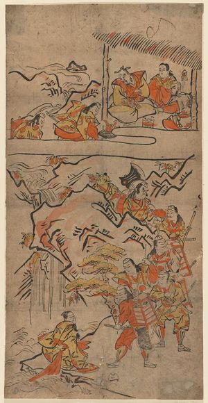 鳥居清倍: Yorimitsu and His Retainers Meet the God of Sumiyoshi (above) and a Woman Washing Bloodstained Clothes (below), No. 3 from an untitled series of the adventures of Yorimitsu - ボストン美術館