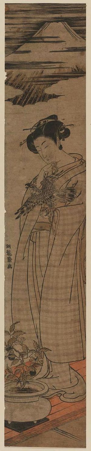 磯田湖龍齋: Young Woman with Fuji, Falcon, and Eggplant - ボストン美術館