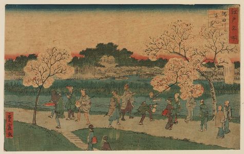Utagawa Hiroshige II: Cherry Blossoms in Full Bloom along the Sumida River (Sumidagawa manka), from the series Famous Places in Edo (Edo meisho) - Museum of Fine Arts