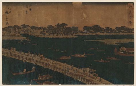 Utagawa Hiroshige II: Cooling Off at Ryôgoku Bridge (Ryôgoku nôryô), from the series Famous Places in Edo (Edo meisho) - Museum of Fine Arts