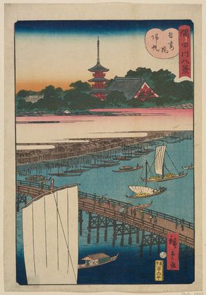 二歌川広重: Returning Sails at Azuma Bridge (Azumabashi no kihan), from the series Eight Views of the Sumida River (Sumidagawa hakkei) - ボストン美術館