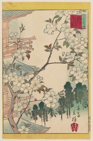 Utagawa Hiroshige II: White Cherry Blossoms at Yanaka Tennô-ji Temple in Tokyo (Tôkyô Yanaka Tennô-ji asagizakura), from the series Thirty-six Selected Flowers (Sanjûrokkasen) - Museum of Fine Arts