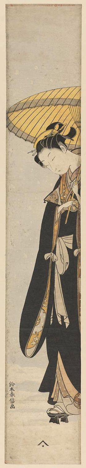 Suzuki Harunobu: Young Woman in Black Coat Walking in Snow with an Umbrella - Museum of Fine Arts