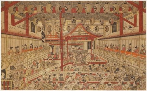 Okumura Masanobu: Large Perspective Picture of a Kaomise Perfomance on the Kabuki Stage (Shibai kyôgen butai kaomise ô-uki-e) - Museum of Fine Arts