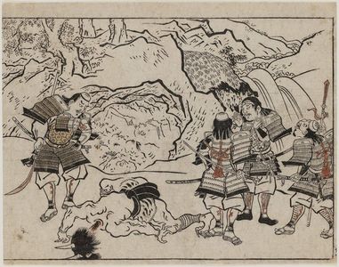 菱川師宣: Yorimitsu and his Retainers Standing over a Decapitated Demon from the Series The Sake-drinking Boy (Shuten-doji) - ボストン美術館