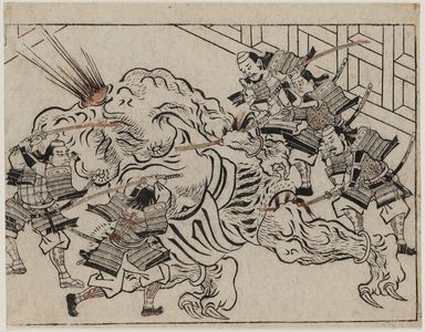菱川師宣: Yorimitsu and his Retainers Decapitate Shutendoji - ボストン美術館