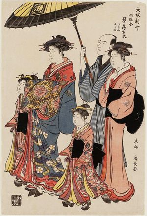 鳥居清長: Kotozuru-dayû of the Nishizuchiya in Shinmachi, Osaka, kamuro Rikino and Fujino - ボストン美術館