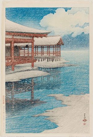 川瀬巴水: Snow on a Bright Day at Miyajima (Seiten no yuki [Miyajima]), from the series Souvenirs of Travel II (Tabi miyage dai nishû) - ボストン美術館