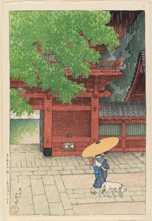 川瀬巴水: Early Summer Rain at the Sannô Shrine (Samidare furu Sannô), from the series Twelve Scenes of Tokyo (Tôkyô jûnidai) - ボストン美術館