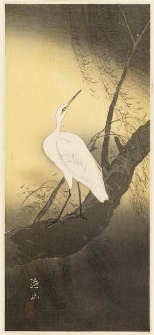 Maki Sozan: Snowy egret on willow branch - ボストン美術館