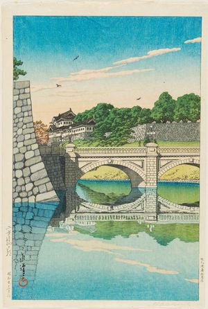 川瀬巴水: Morning at Nijû Bridge (Nijûbashi no asa) - ボストン美術館