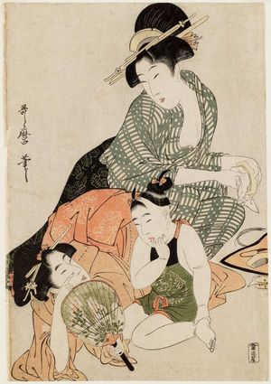 Kitagawa Utamaro: Woman Playing with a Baby While Another Woman Cleans Combs - Museum of Fine Arts