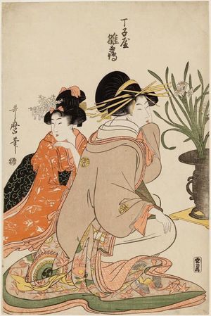 Kitagawa Utamaro: Hinazuru of the Chôjiya, from an untitled series of courtesans arranging flowers - Museum of Fine Arts