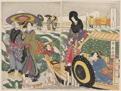 勝川春好: Twilight Snow on the Sumida River (Sumidagawa no bosetsu), from the series Eight Views of Edo in Triptychs (Edo hakkei no uchi, sanmaitsuzuki) - ボストン美術館