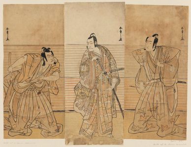 勝川春章: Actors Sawamura Sôjûrô III as Soga no Jûrô Sukenari (R), Ichikawa Danjûrô V as Kudô Suketsune (C), and Ichikawa Yaozô III as Soga no Gorô Tokimune (L) - ボストン美術館