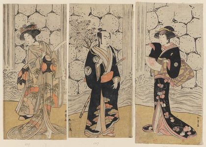 Katsukawa Shunsho: Actors Segawa Kikunojô III as Magaki (R), Yamashita Kintarô as Usuyuki-hime (C), and Sawamura Sôjûrô III as Sonobe Saemon (L) - Museum of Fine Arts
