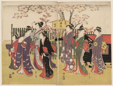 細田栄之: Women Viewing Cherry Blossoms at Kinryûzan Temple in Asakusa - ボストン美術館