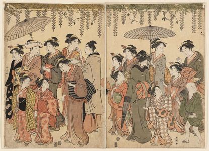 Katsukawa Shuncho: Procession of Students Offering a Votive Tablet to a Shrine under a Wisteria Trellis - Museum of Fine Arts