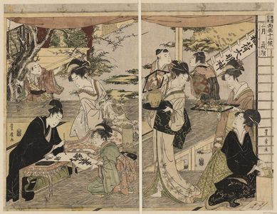 Estampe japonaise "The Second Month, a Triptych (Nigatsu, sanmaitsuzuki), from the series Twelve Months by Two Artists, Toyokuni and Toyohiro (Toyokuni Toyohiro ryôga jûnikô)" par Utagawa Toyohiro, 歌川豊広 (Utagawa Toyohiro)