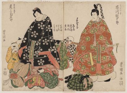 Utagawa Toyokuni I: Actors Ichikawa Danjûrô (R), Onoe Kikugorô as Sugawara Michizane (L), and child actors as the Schoolchildren (Tenaraiko) - Museum of Fine Arts