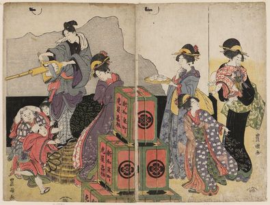 歌川豊国: Man, Woman, and Children near Boxes - ボストン美術館