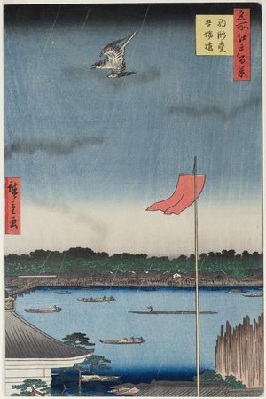 Utagawa Hiroshige: Komagata Hall and Azuma Bridge (Komagata-dô Azuma-bashi), from the series One Hundred Famous Views of Edo (Meisho Edo hyakkei) - Museum of Fine Arts