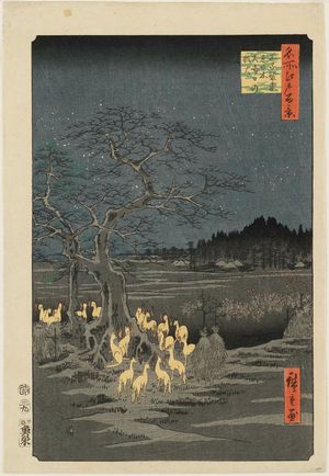 歌川広重: New Year's Eve Foxfires at the Changing Tree, Ôji (Ôji Shôzoku enoki Ômisoka no kitsunebi), from the series One Hundred Famous Views of Edo (Meisho Edo hyakkei) - ボストン美術館